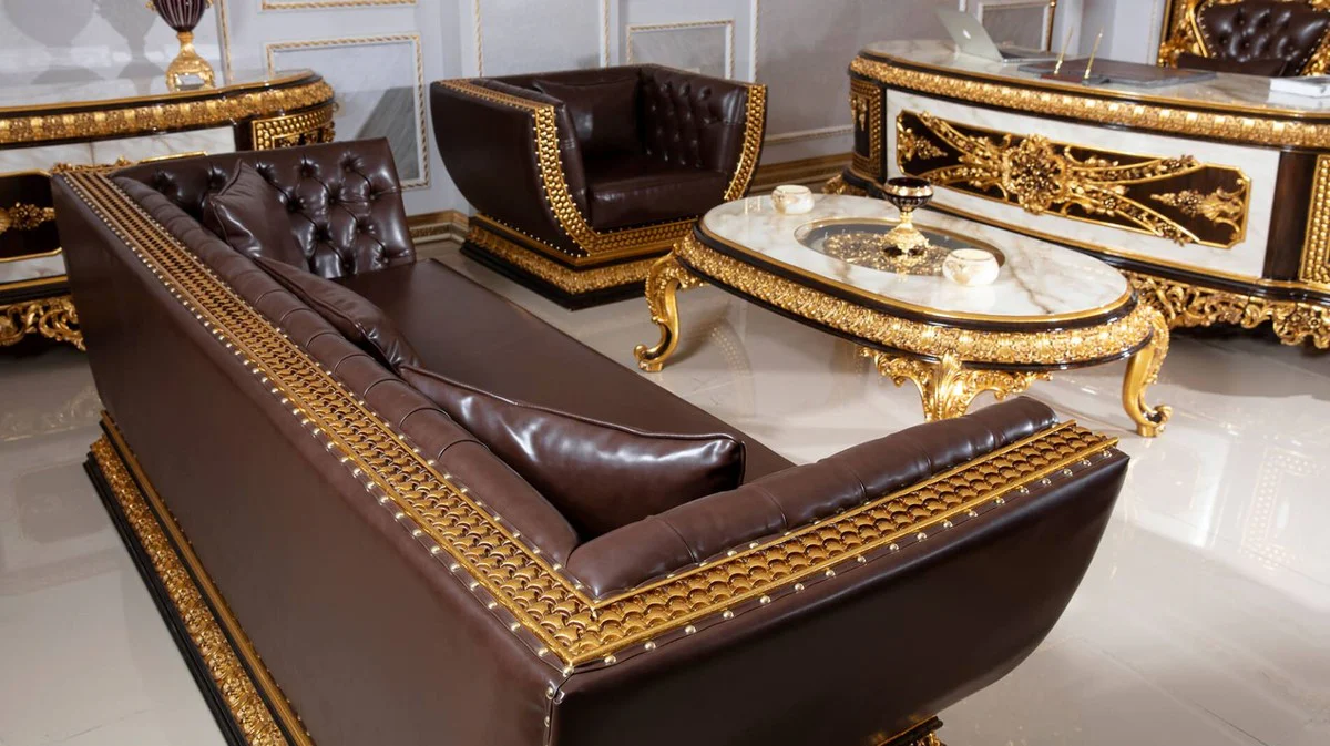 Luxury baroque coffee table with glass top white / dark brown / gold - magnificent solid wood living room table in baroque style - baroque living room furniture - noble & magnificent