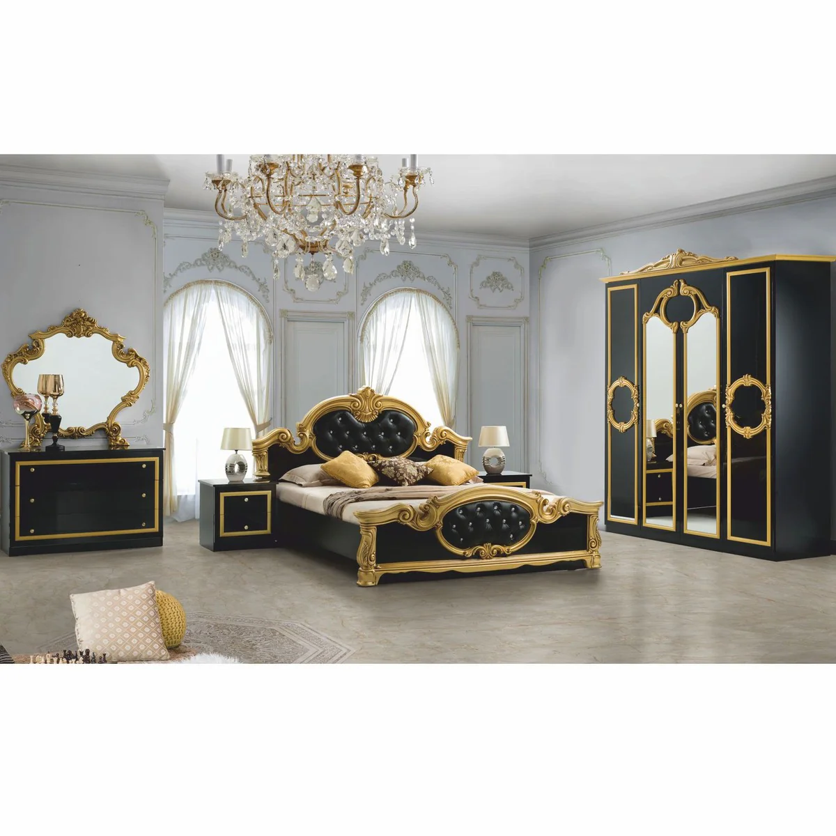 Luxus Barock Schlafzimmer Schrank Schwarz / Gold 177 cm - Barock Schlafzimmer Möbel