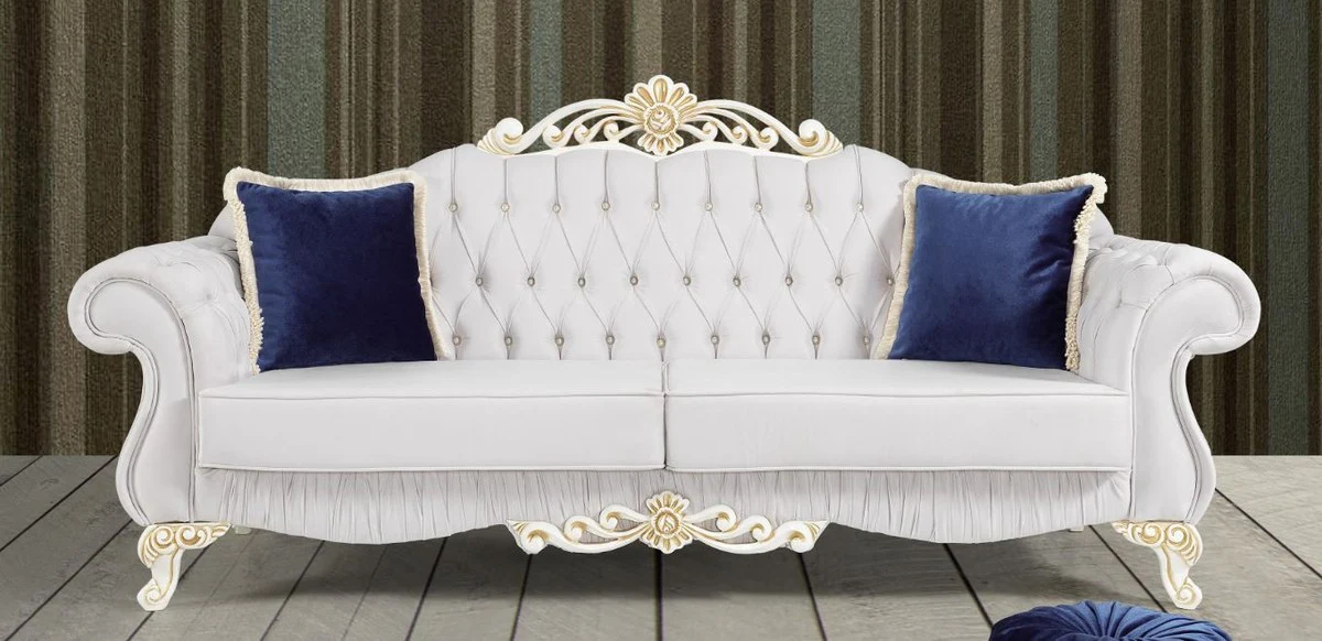 Baroque sofa light gray / white / gold 235 x 85 x H. 112 cm - Noble living room sofa with glittering stones - Baroque furniture