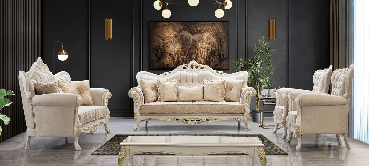 Luxus Barock Wohnzimmer Set Weiß / Gold - 2 Barock Sofas & 2 Barock Sessel & 1 Barock Couchtisch - Luxus Wohnzimmer Möbel im Barockstil - Barock Möbel - Edel & Prunkvoll