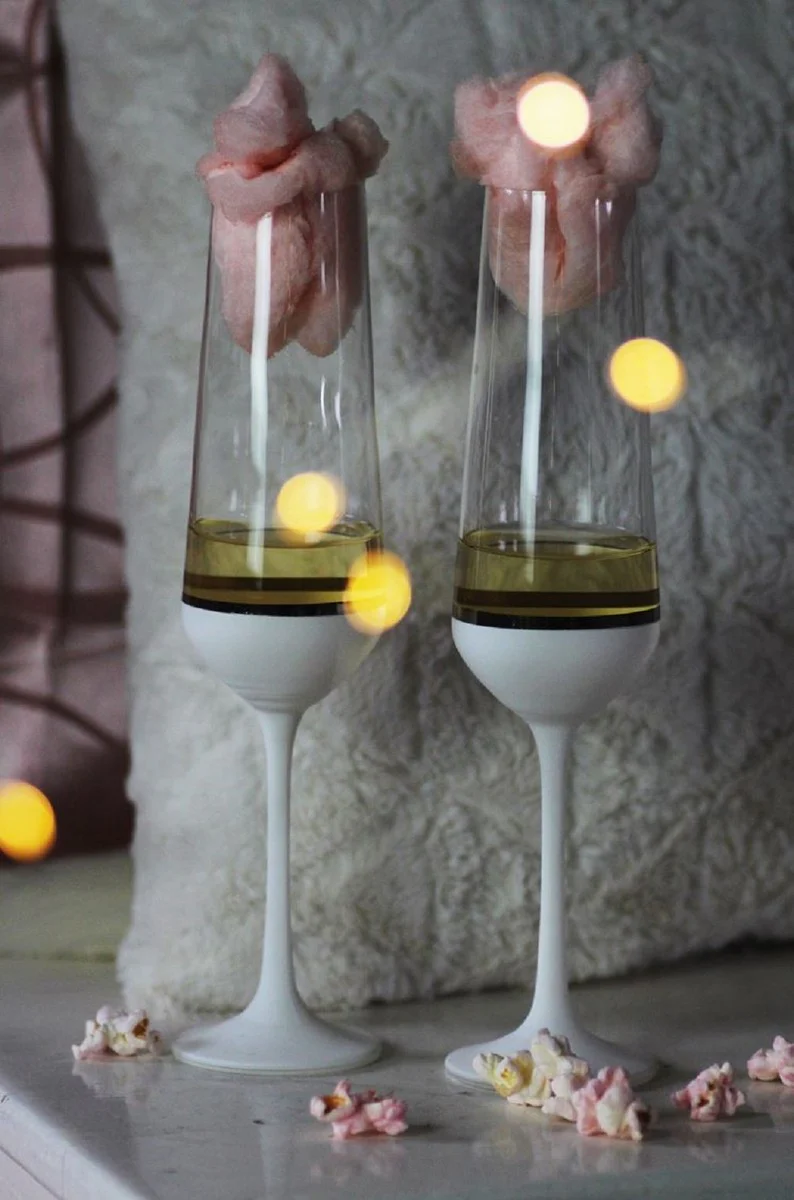 Luxury champagne glasses set of 6 white / silver Ø 6.5 x H. 26.5 cm - handmade and hand-painted champagne glasses - hotel & restaurant accessories - luxury quality