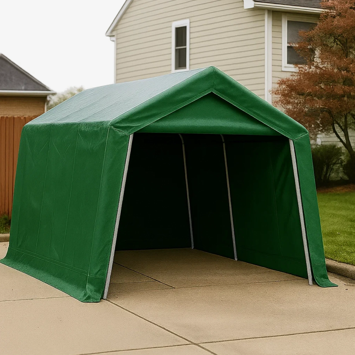 Garage mit Metallrahmen, rechteckiges Design, Material: Metall, Farbe: Grün, Satteldach, freistehend, Maße: 480 x 300 x 250 cm, zur Aufbewahrung von Fahrzeugen und Werkzeugen im Garten oder auf der Terrasse - AjccSImVShFr
