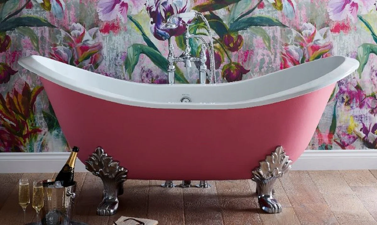 Luxury Art Nouveau bathtub pink / white / silver 180 x 77 x H. 79 cm - Curved freestanding cast iron bathtub - Baroque & Art Nouveau bathroom furniture