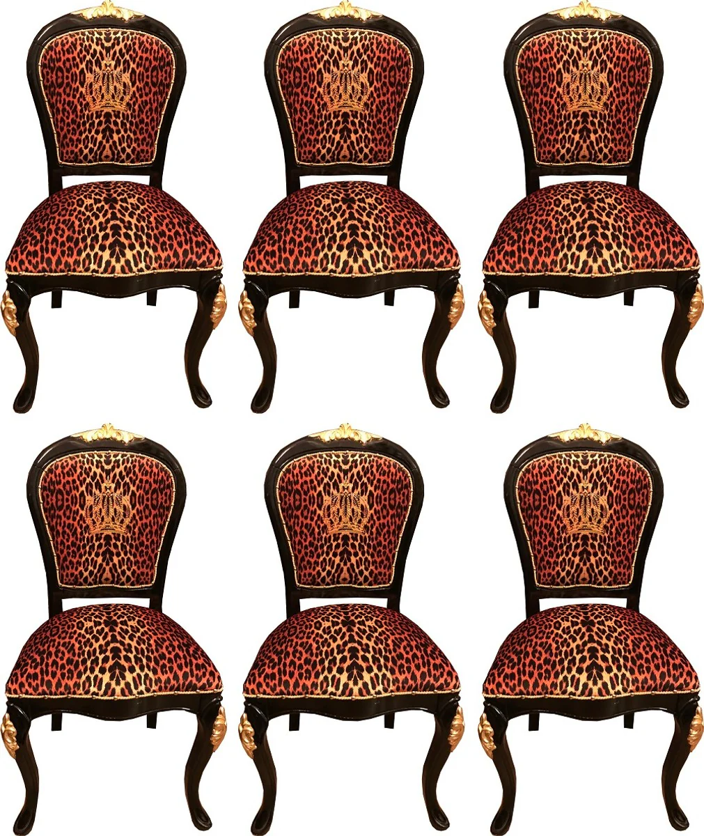 Pompöös by Luxury Baroque Dining Room Chairs Crown with Glitter Stones Leopard / Black / Gold - Dining Room Set - 6 Pompöös Baroque Chairs designed by Harald Glööckler