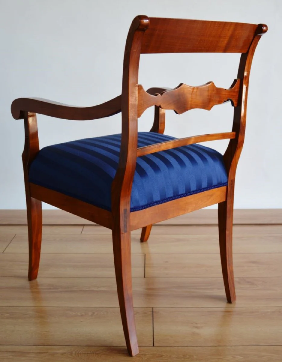Luxury Biedermeier dining room chair with armrests and stripes brown / blue 58 x H. 92 cm - Solid wood kitchen chair - Solid wood dining room furniture - Biedermeier dining room furniture