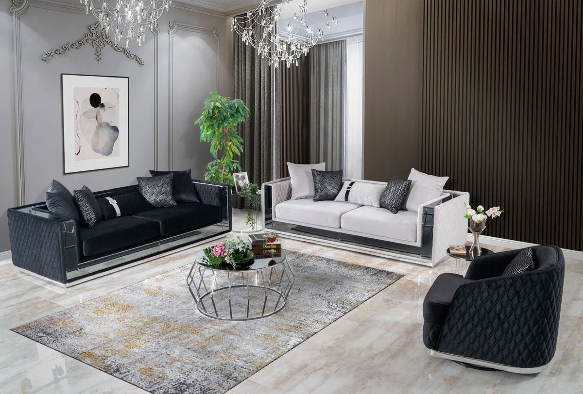 Luxury 3-seater sofa light gray / silver 220 x 90 x H. 70 cm - Mirrored living room sofa - Hotel sofa - Living room furniture - Hotel furniture - Luxury furniture