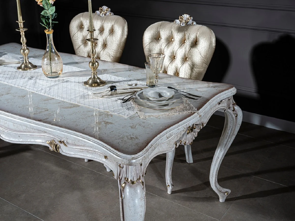 Luxury Baroque Dining Chair Gold / Antique White / Gold - Handcrafted Solid Wood Kitchen Chair - Baroque Dining Room Furniture