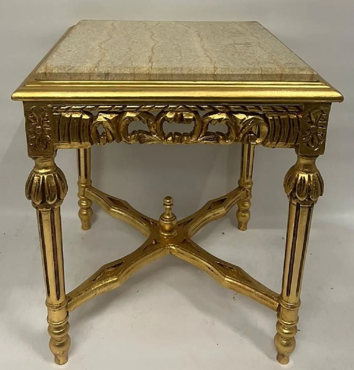 Baroque side table gold / beige - square antique style solid wood table with marble top - living room furniture in baroque style - antique style furniture - baroque furniture