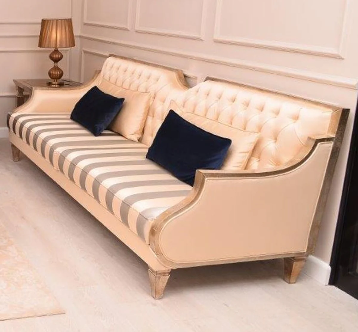 Luxury Baroque Sofa Beige / Silver / Gold - Handmade Living Room Sofa with Stripes - Baroque Living Room Furniture - Noble & Magnificent