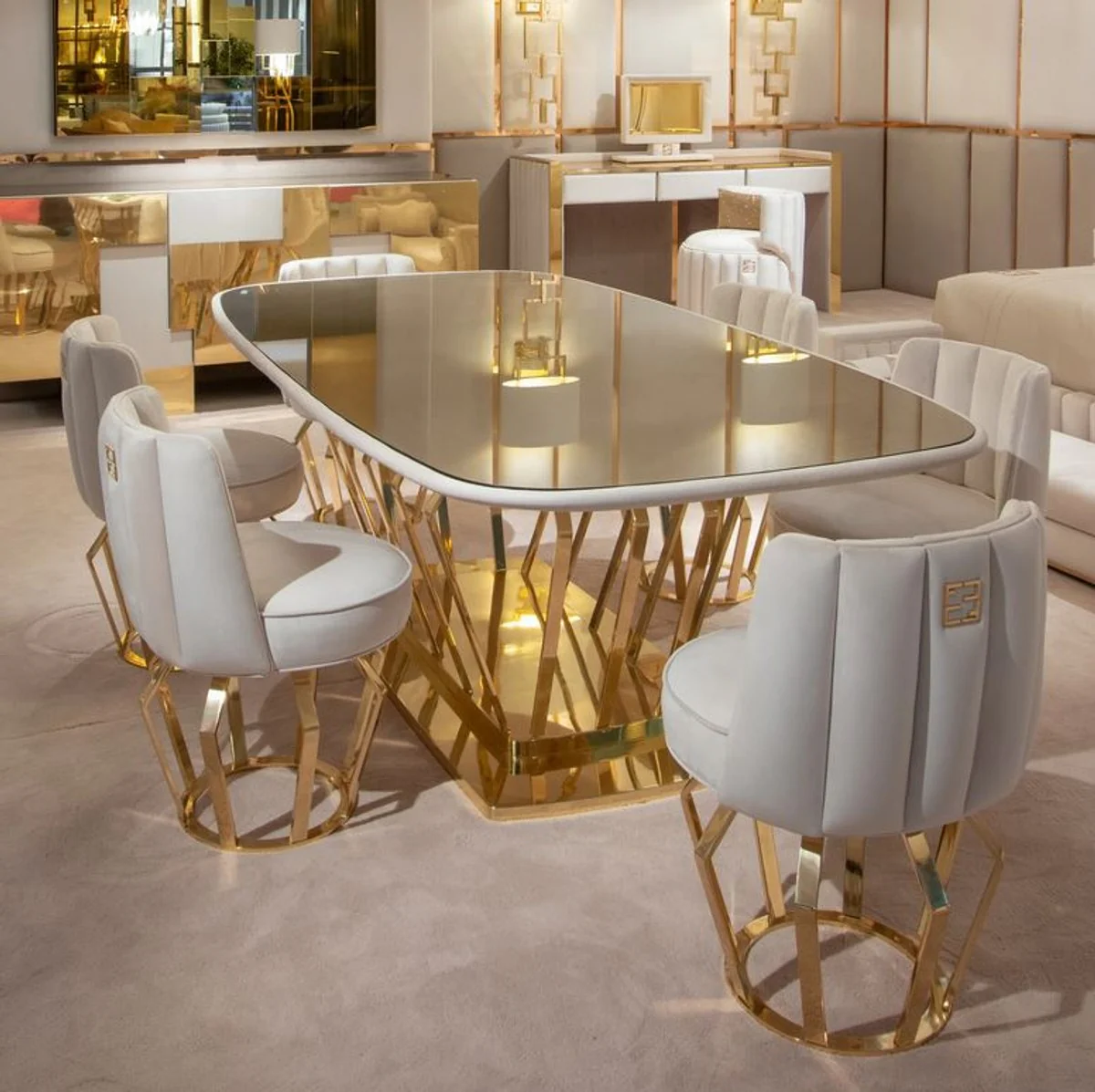 Luxury Designer Dining Room Set Ivory / Gold - 1 Dining Table & 6 Dining Chairs - Luxury Designer Dining Room Furniture - Hotel Furniture - Luxury Quality - Made in Italy