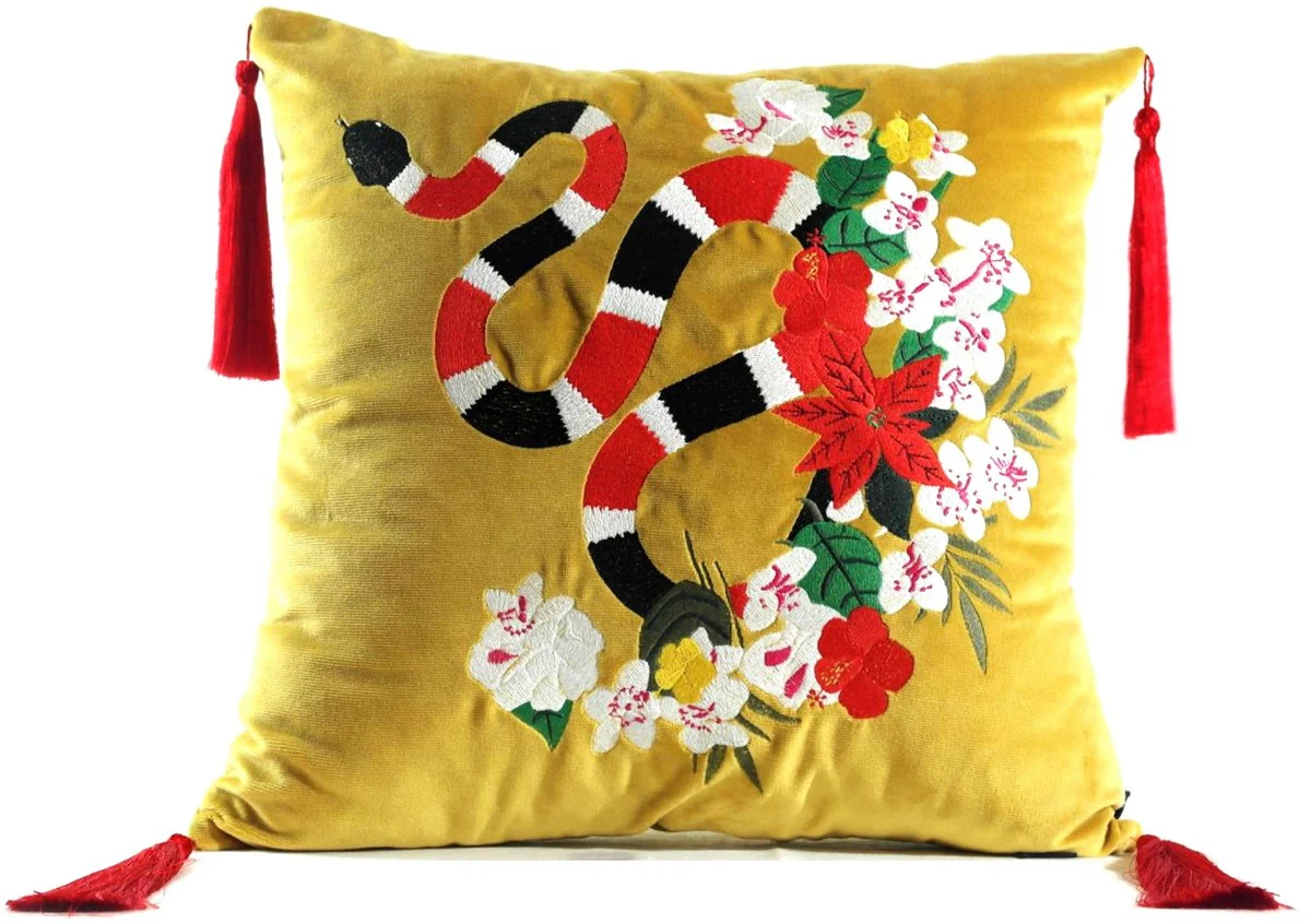 Luxus Deko Kissen mit Troddeln Snake Gelb / Mehrfarbig 45 x 45 cm - Feinster Samtstoff - Luxus Qualität