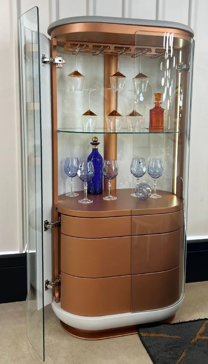 Luxury bar cabinet white / gray / copper 80 x 50 x H. 165 cm - Illuminated solid wood wine cabinet with 2 doors - Living room furniture - Bar furniture - Hotel furniture - Luxury collection