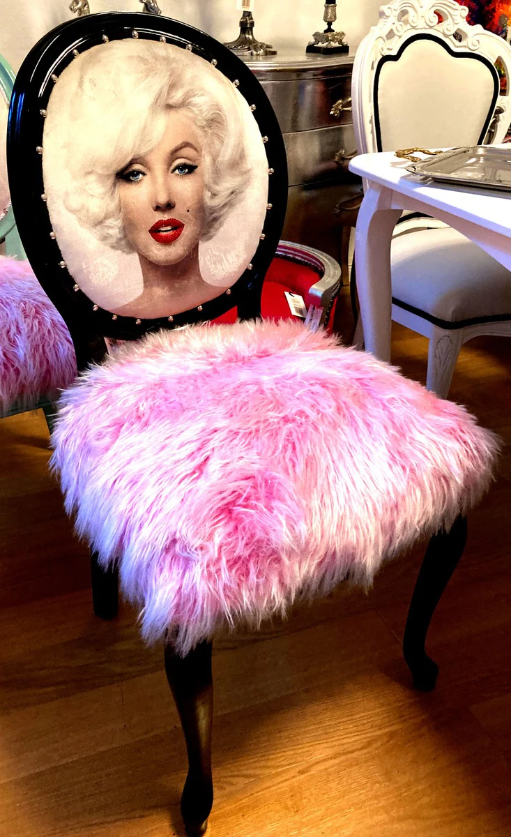 Luxury Baroque Dining Chair Marilyn Monroe Pink / Black - Handmade Pop Art Designer Chair with Faux Fur - Baroque Dining Room Furniture