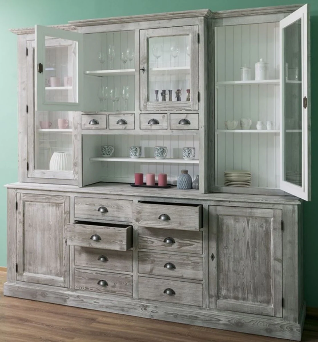 Country house style kitchen cabinet gray / white 244 x 47 x H. 225 cm - 2-part cabinet with 6 doors and 12 drawers - country house style kitchen furniture