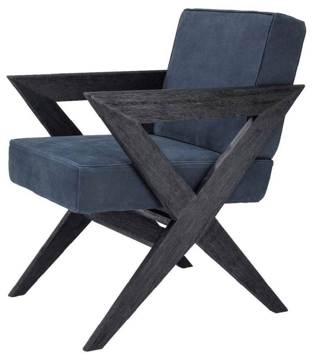 Luxury genuine leather dining room chair with armrests blue / black 59 x 74 x H. 88 cm - kitchen chair with elegant nubuck buffalo leather - luxury dining room furniture