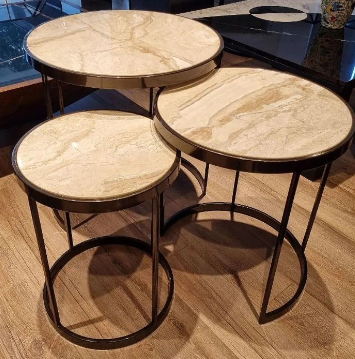 Luxury side table set beige / brass - 3 round metal tables with marble top - living room furniture - hotel furniture - luxury furniture - luxury furnishings - furniture luxury