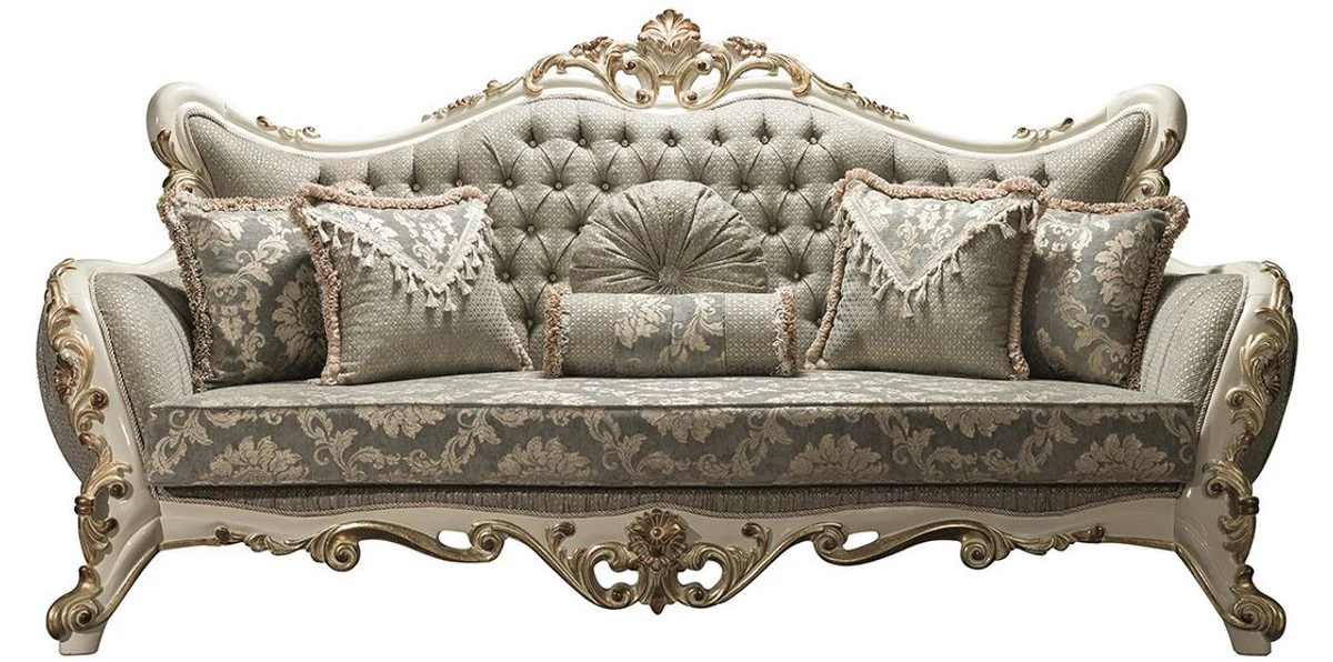 Luxury baroque living room sofa gray / white / gold 235 x 95 x H. 120 cm - Magnificent couch with glittering stones and decorative cushions - Noble baroque furniture