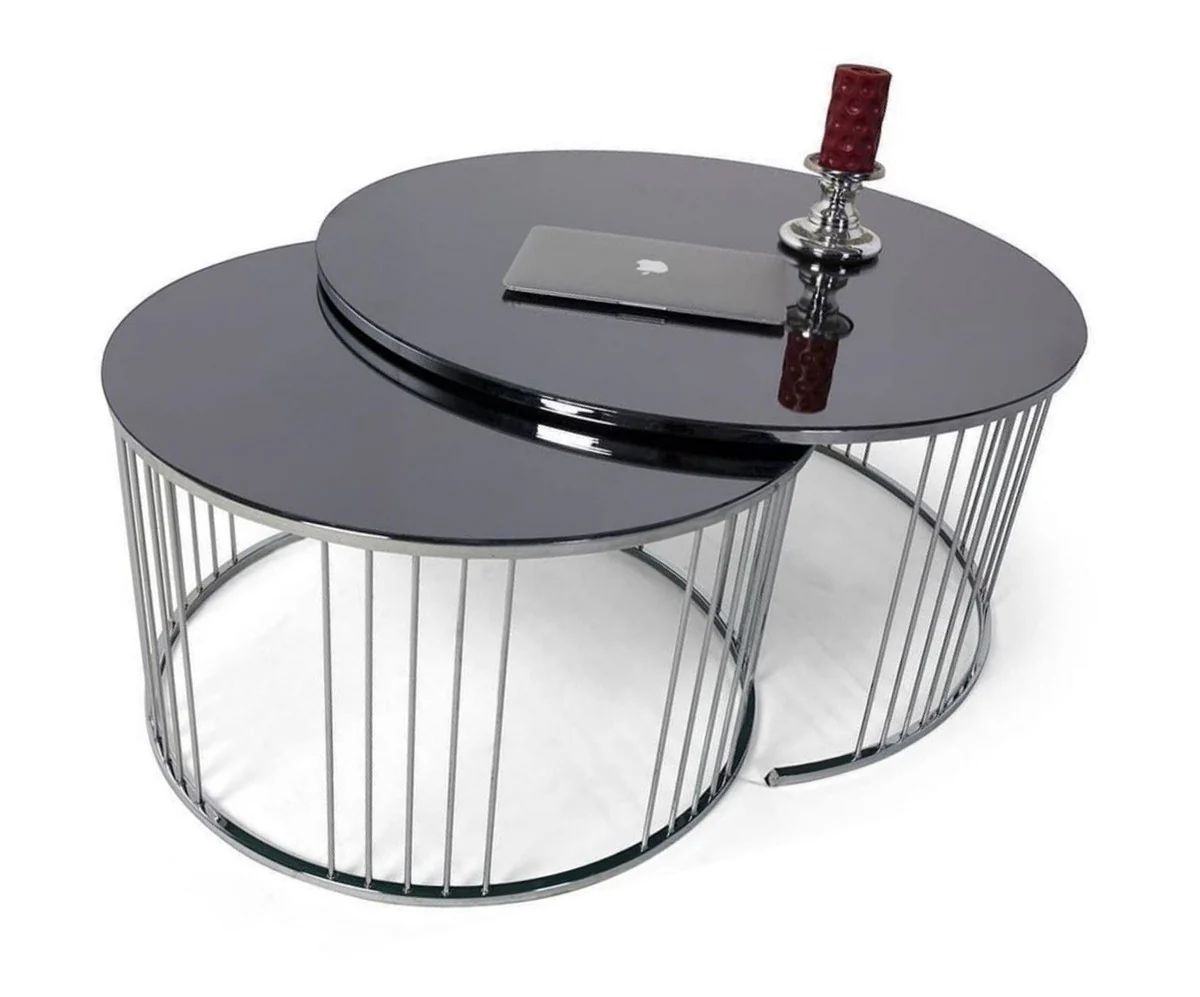 Luxury coffee table set silver / black - 2 round living room tables with glass top - living room furniture - luxury collection