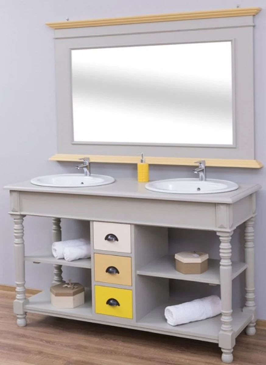 Country house style bathroom set gray / natural / multicolored - 1 double washbasin & 1 wall mirror - solid wood bathroom furniture in country house style