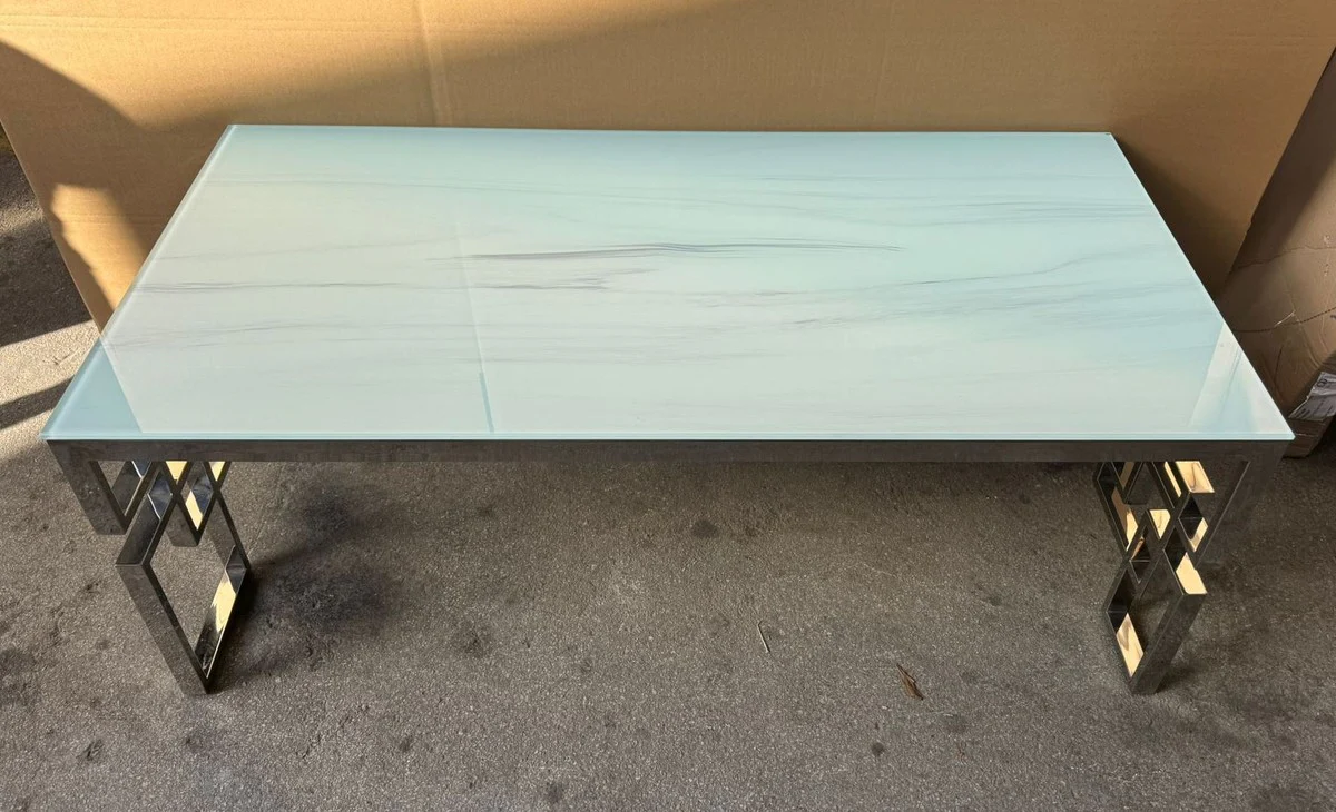 Luxury stainless steel coffee table with marble glass table top white / silver 120 cm