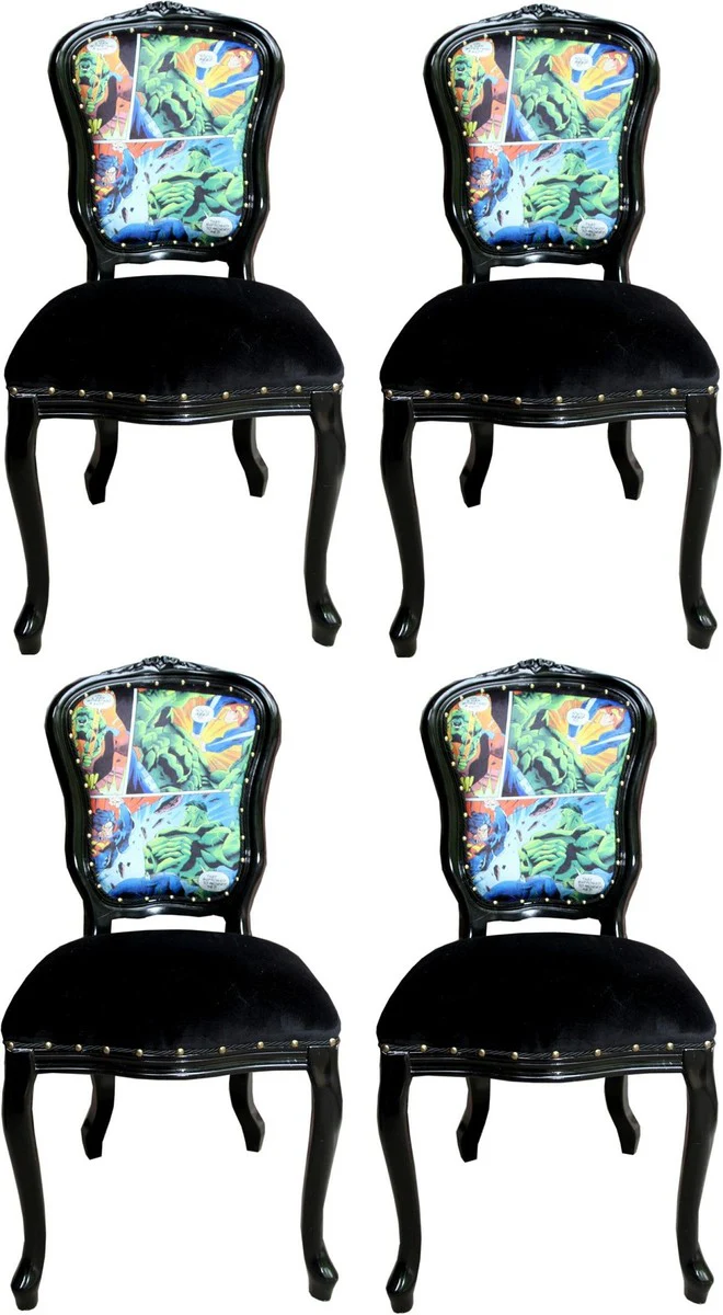 Luxury Baroque Dining Room Set Comic Multicolored / Black 55 x 54 x H. 103 cm - 4 handmade dining room chairs - Designer chairs - Baroque dining room furniture