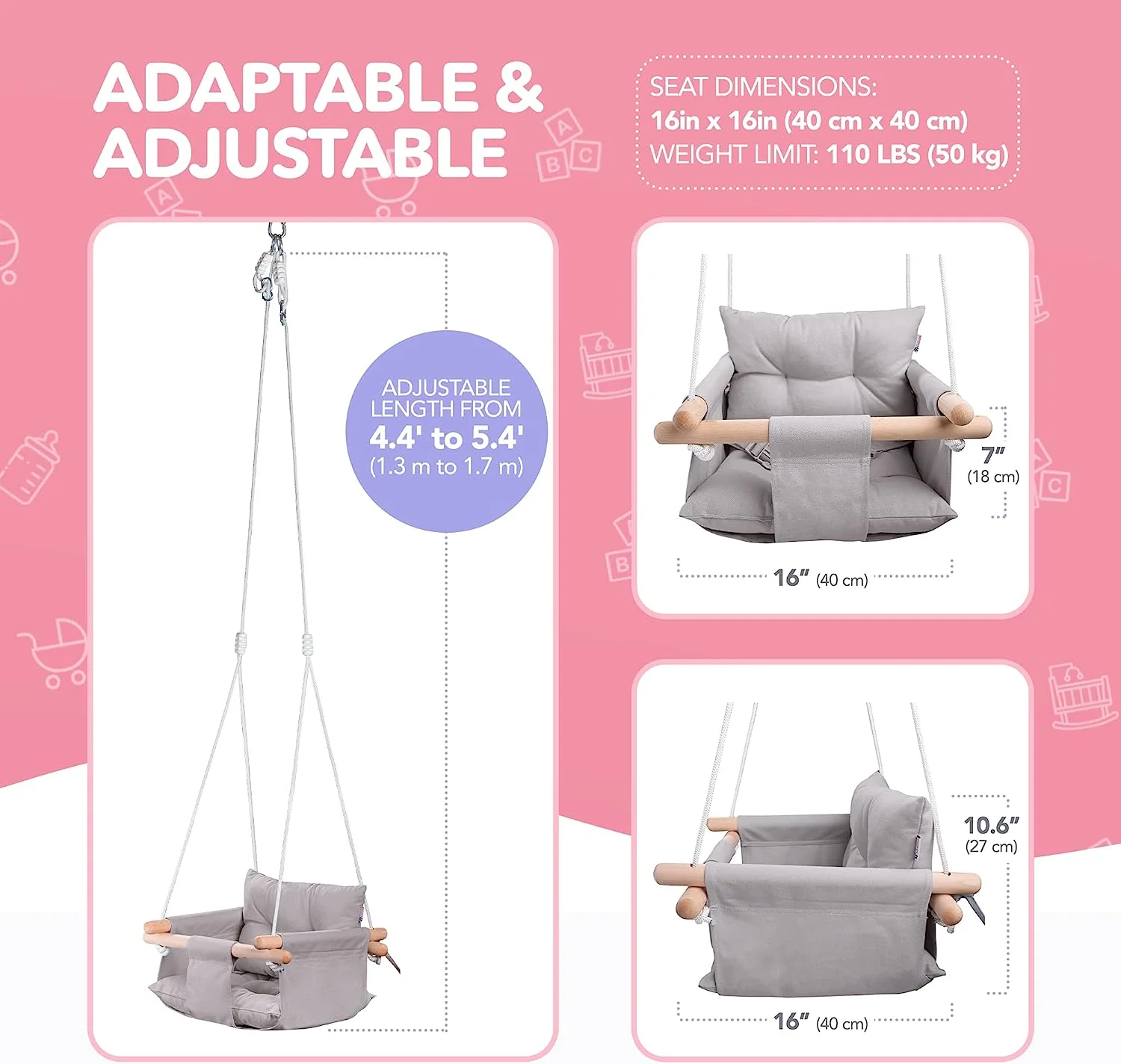 Babyschaukel aus Segeltuch, hängender Schaukelsitz aus Holz mit Sicherheitsgurt, langlebiger Baby-Hängemattenstuhl, Außen- und Innenschaukel für Kinder, Montagezubehör im Lieferumfang enthalten, Elfenbeinfarben