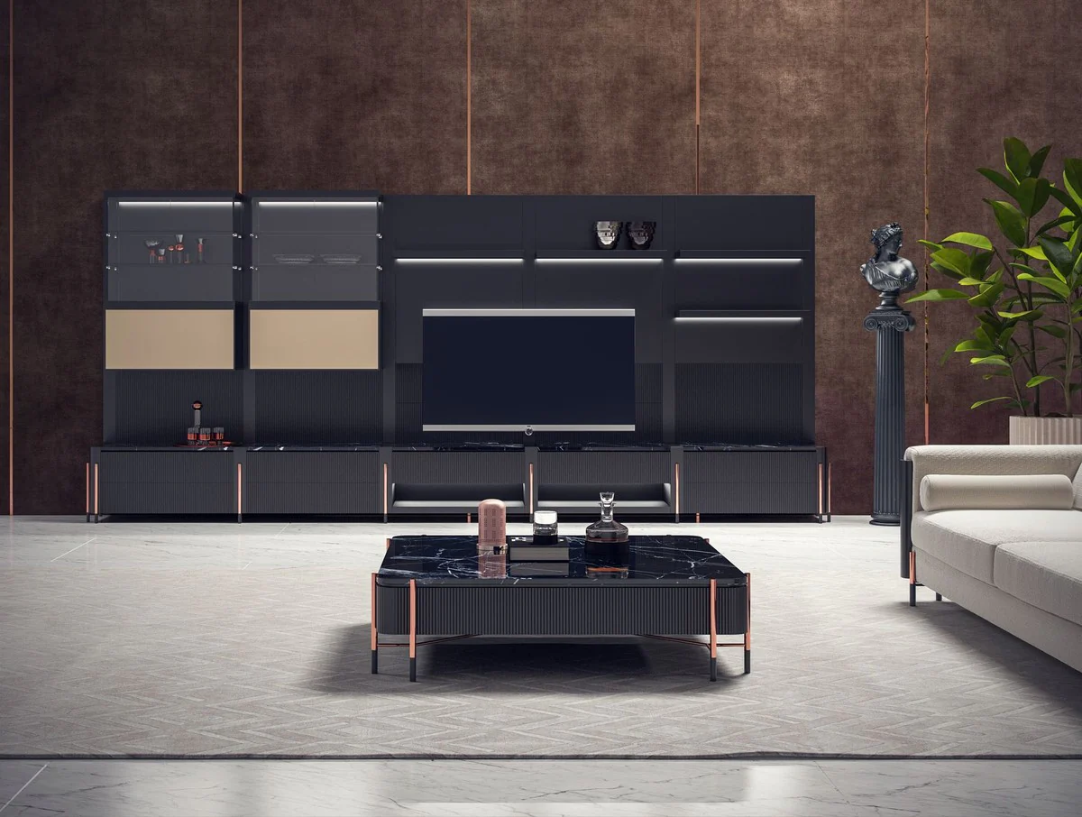 Luxury TV cabinet matt black / black / copper 452 x 47 x H. 202 cm - living room cabinet with LED lighting - living room furniture - hotel furniture - luxury furniture