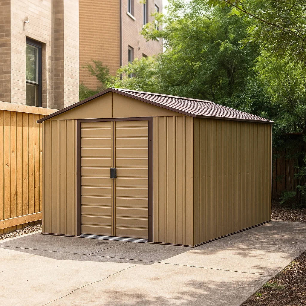 Rechteckige Metallgarage, beige, mit Satteldach, selbsttragende Konstruktion, 550 x 300 x 250 cm, für die Lagerung im Freien. - 7eD1zlOAoORl