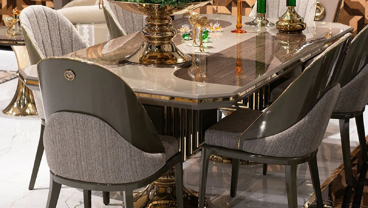 Luxury Dining Table Gray / Brown / Gold - Rectangular Luxury Kitchen Table - Dining Room Furniture - Luxury Furniture