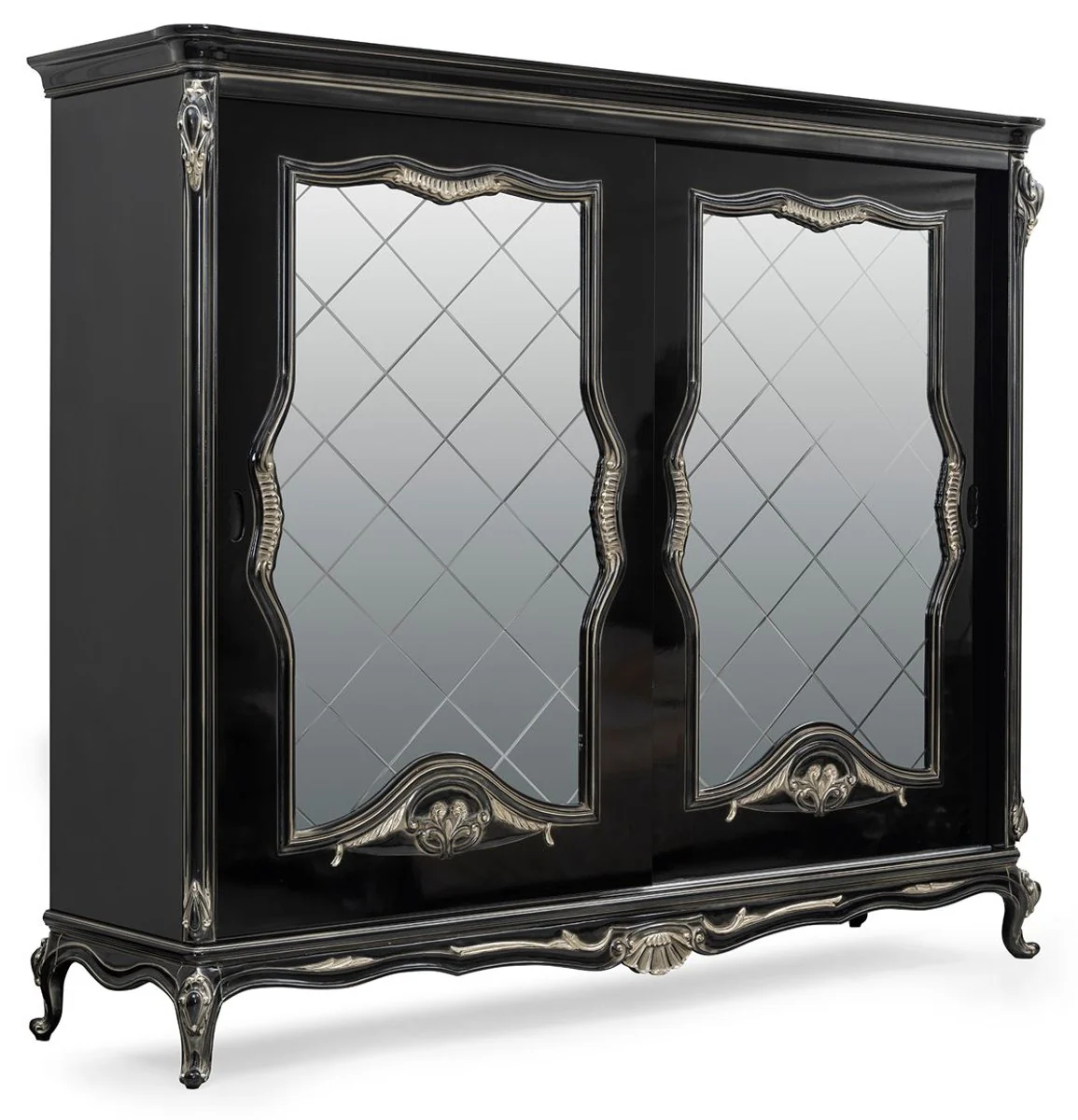 Luxury baroque bedroom cupboard black / silver - magnificent solid wood cupboard with 2 mirrored sliding doors - baroque wardrobe - baroque bedroom furniture