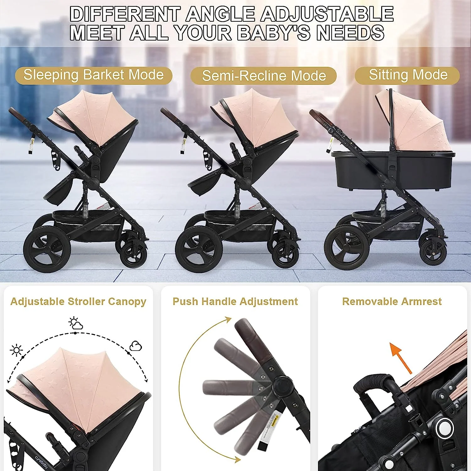 Kinderwagen für Neugeborene und Kleinkinder – Kinderwagen mit verstellbarer, umkehrbarer Rückenlehne, 2-in-1-Hochformat, umwandelbarer Stubenwagen, faltbarer Aluminiumlegierung, 3D-Stoßdämpfung, All-Terrain-Kinderwagen