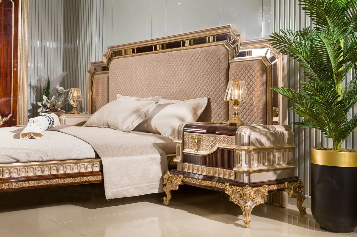 Luxury baroque double bed with 2 nightstands gray / dark brown / gold - baroque furniture