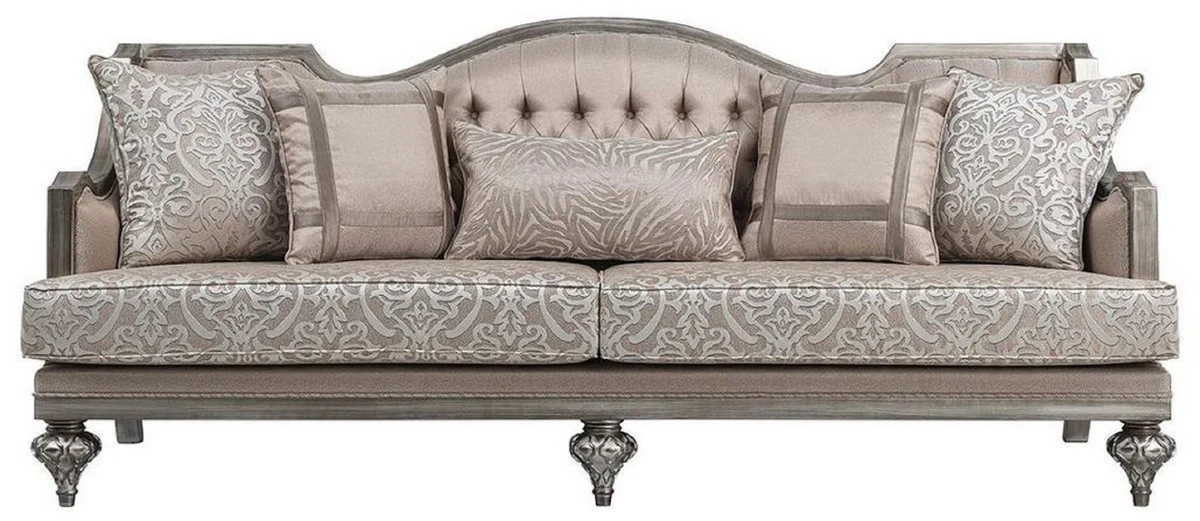 Luxury Baroque Living Room Sofa Pink / Silver - Handcrafted solid wood sofa with elegant pattern and decorative pillows - Living room furniture in baroque style