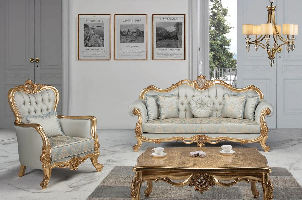 Luxus Barock Wohnzimmer Set Hellblau / Türkis / Gold - 2 Sofas & 2 Sessel & 1 Couchtisch - Wohnzimmer Möbel im Barockstil - Edel & Prunkvoll