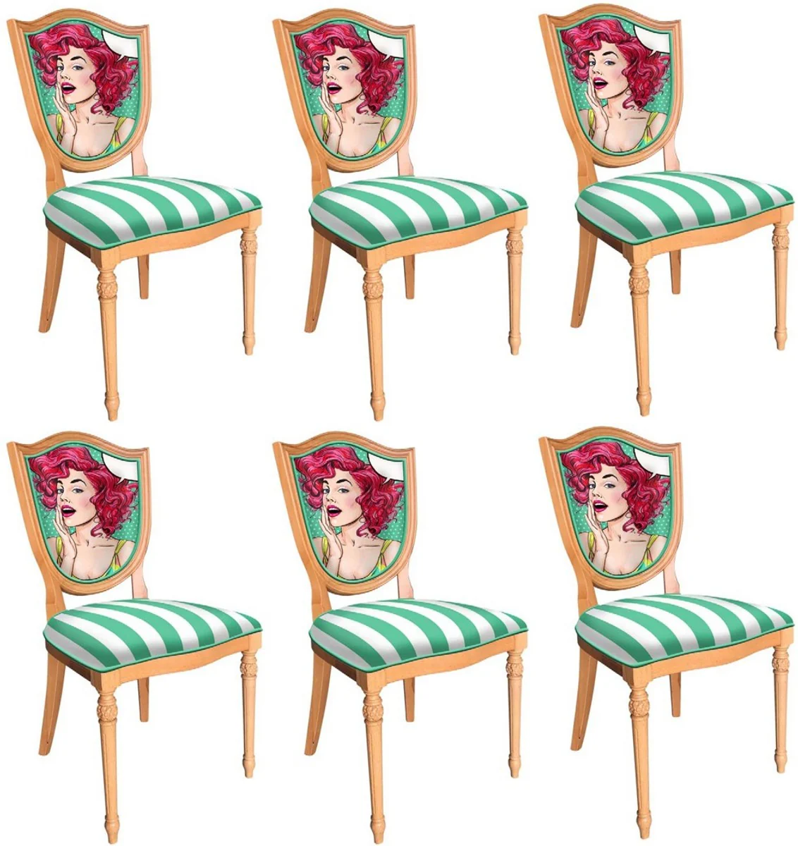 Art Deco Dining Room Chair Set Green / White / Multicolored / Natural Colors - 6 Handmade Art Deco Kitchen Chairs with Design and Stripes - Art Deco Dining Room Furniture