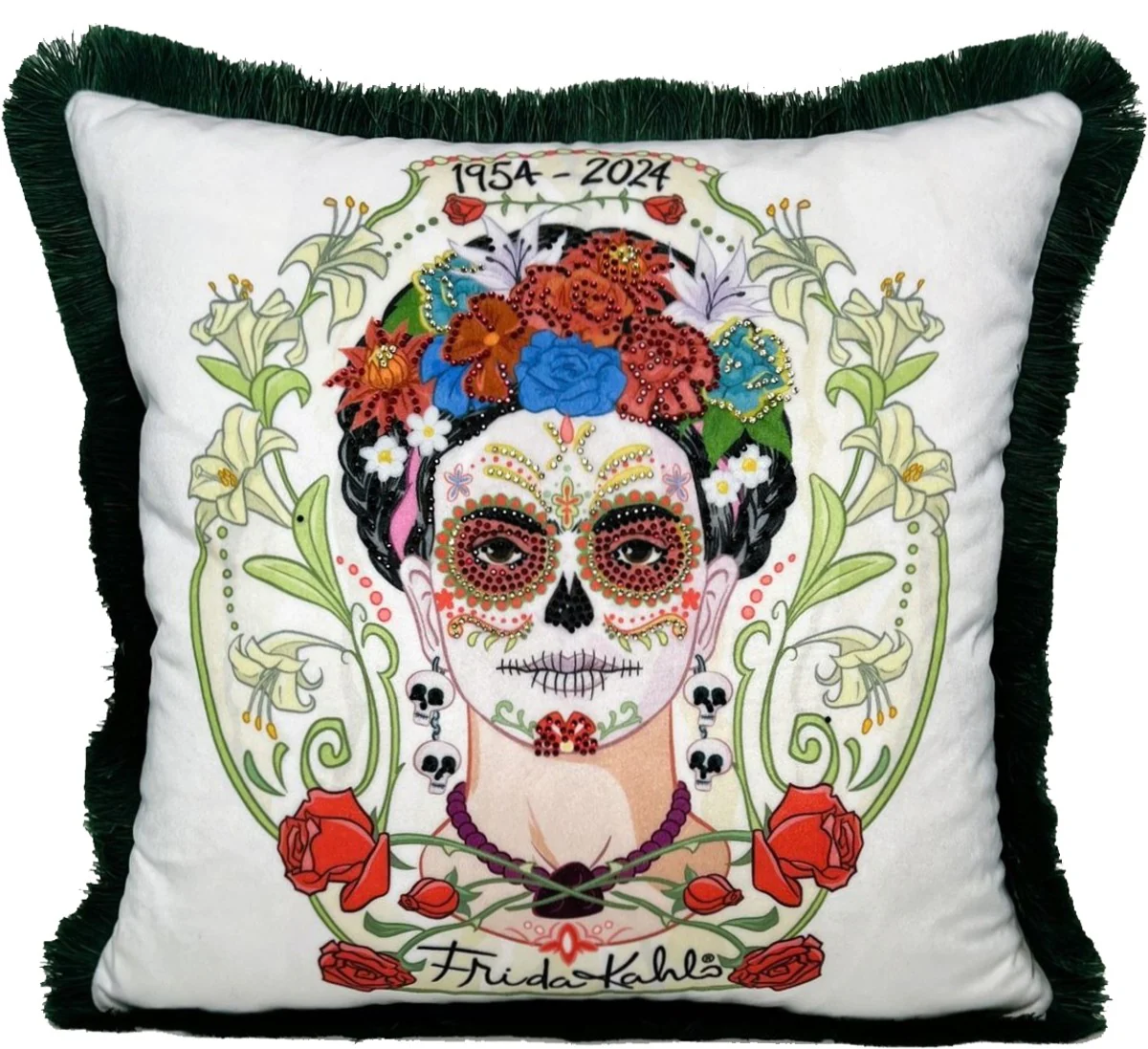 Frida Kahlo by Luxury decorative cushion with rhinestones white / colorful