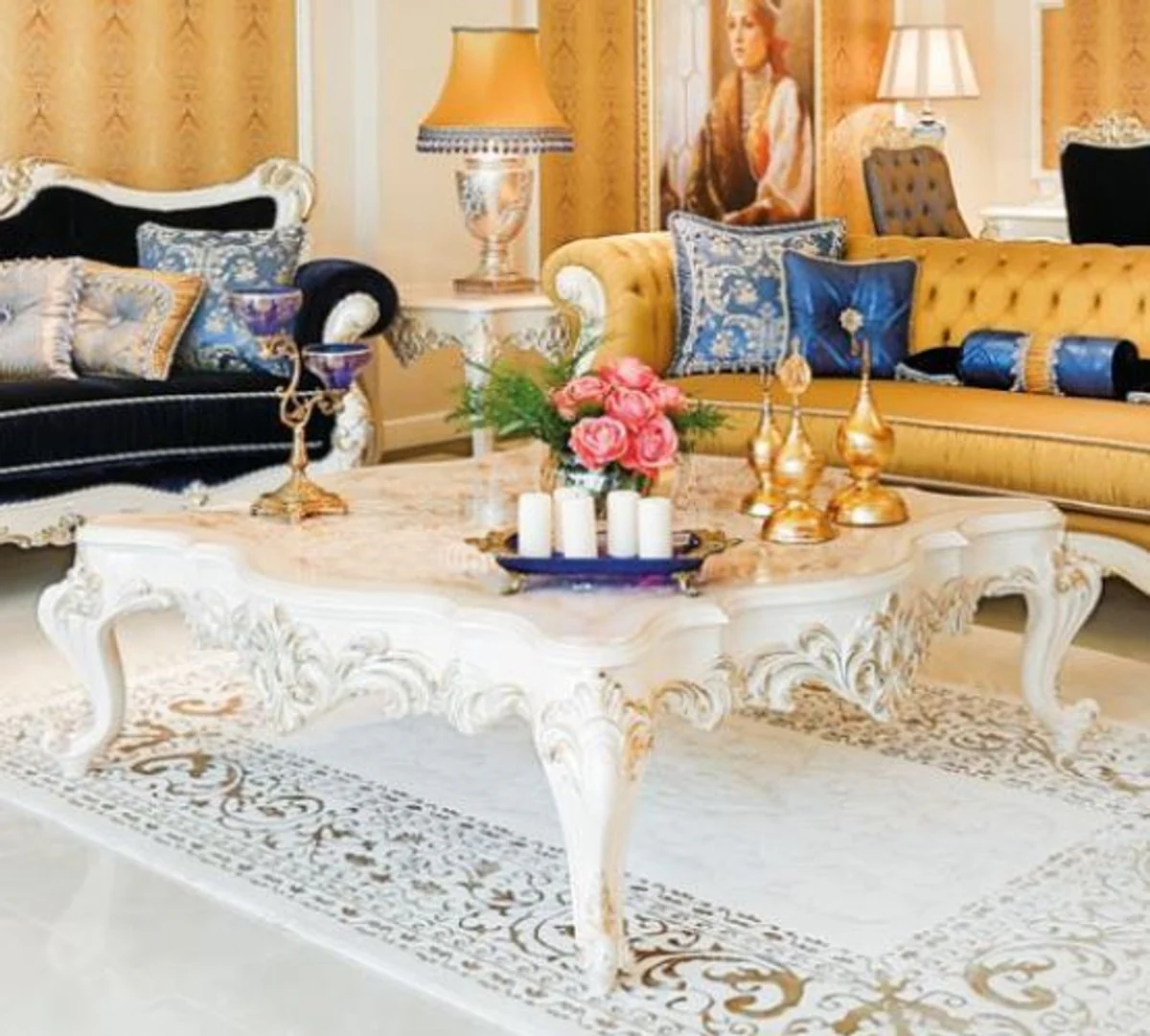 Luxury baroque coffee table beige / white / gold 145 x 145 x H. 45 cm - magnificent solid wood living room table with elegant decorations - baroque living room furniture