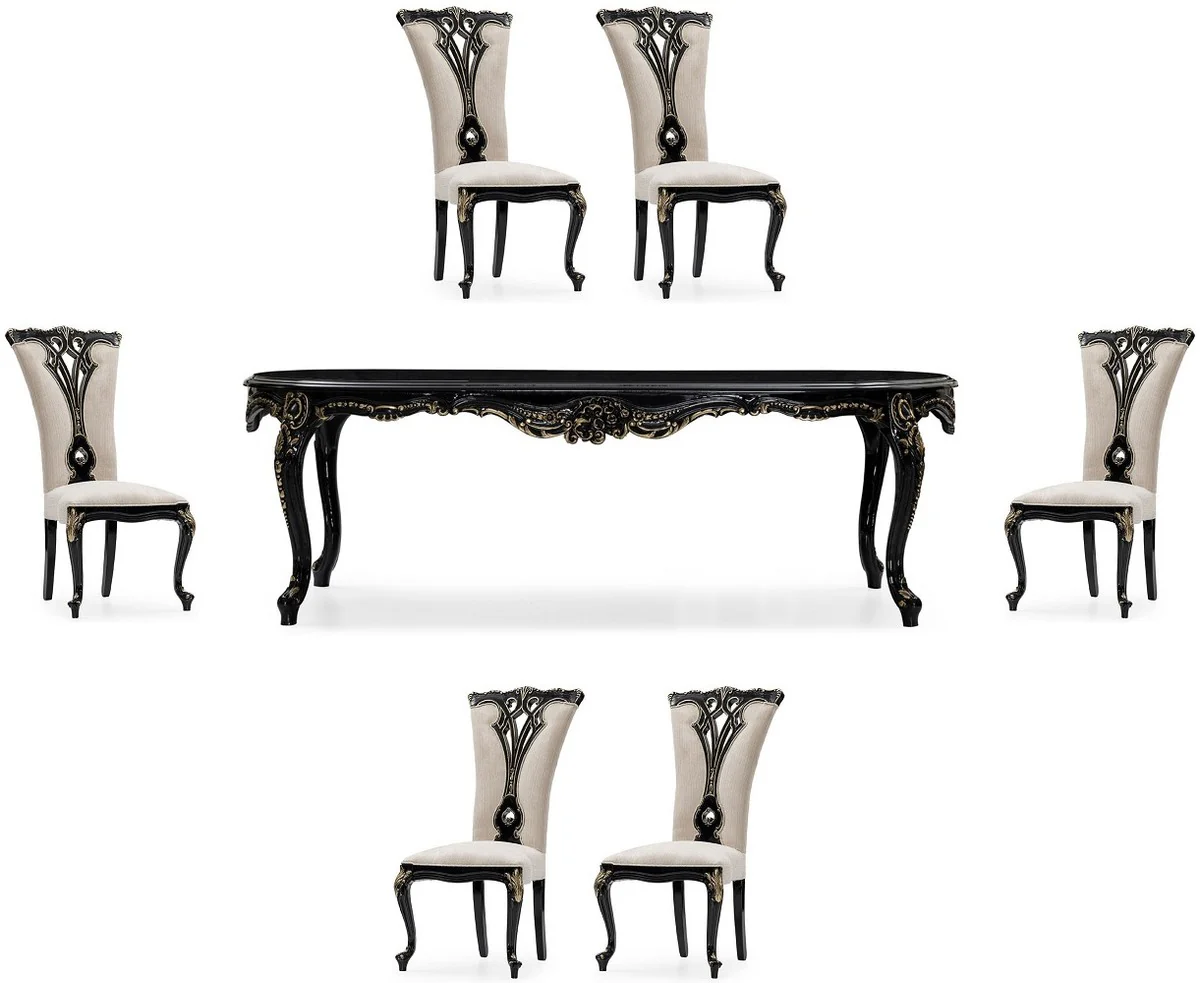 Luxury Baroque Dining Room Set Cream / Black / Gold - 1 Baroque Dining Table & 6 Baroque Dining Chairs - Luxury Dining Room Furniture in Baroque Style - Magnificent Baroque Dining Room Furniture