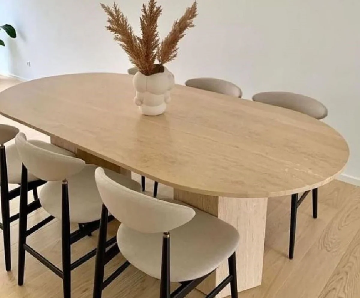 Luxury dining table beige 230 x 100 x H. 74 cm - Oval travertine natural stone dining room table - Dining room furniture - Travertine furniture - Luxury furniture - Luxury furnishings