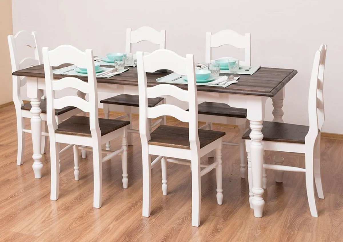 Country style dining room furniture set white / dark brown - 1 country style dining table & 6 country style dining room chairs - solid wood dining room furniture - country style dining room furniture