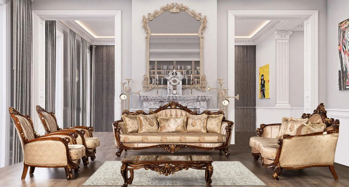 Luxury Baroque Sofa Beige / Brown / Gold - Magnificent Living Room Sofa with Elegant Pattern - Baroque Furniture - Noble & Magnificent