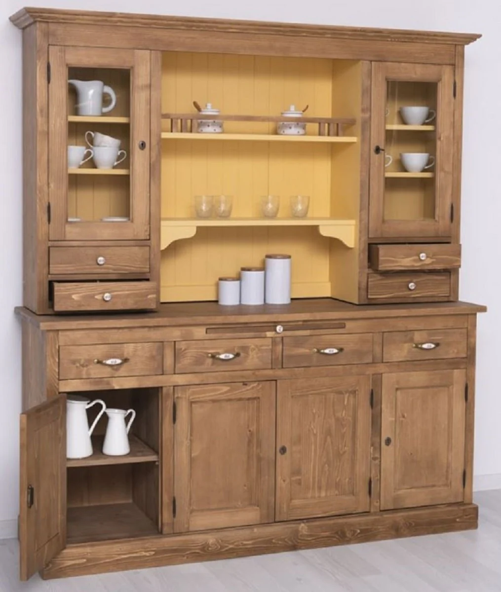 Country house style dining room cabinet brown / yellow 180 x 50 x H. 197 cm - solid wood kitchen cabinet - dining room furniture in country house style - country house style dining room furnishings