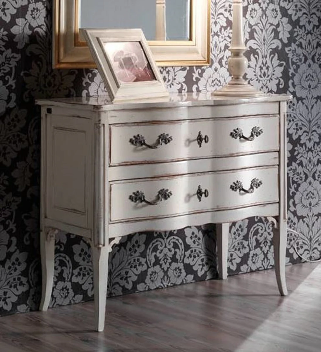 Luxury Baroque Chest of Drawers Antique White / Silver - Handmade Solid Wood Chest of Drawers with 2 Drawers - Baroque Style Bedroom Furniture - Baroque Furniture - Luxury Quality - Made in Italy