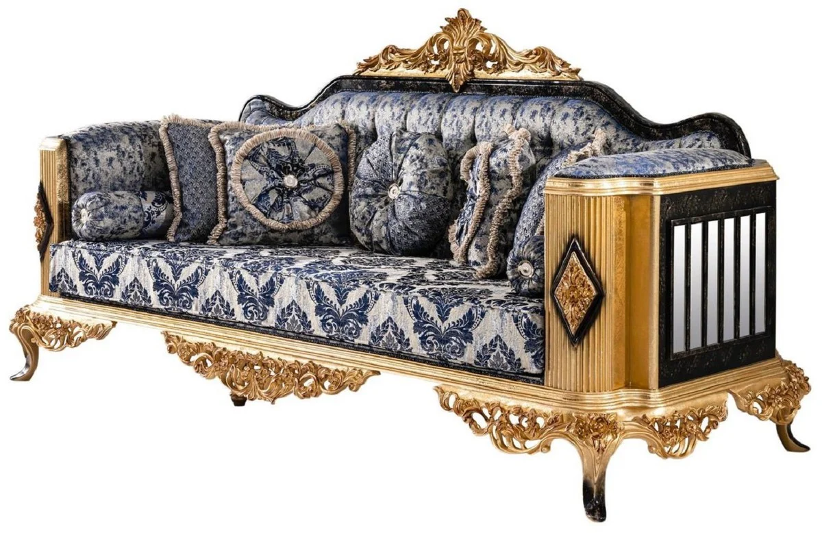 Luxury Baroque Living Room Set Blue / Black / Gold - 2 Baroque Sofas & 2 Baroque Armchairs & 1 Baroque Coffee Table - Luxury Living Room Furniture in Baroque Style - Baroque Furniture - Noble & Magnificent