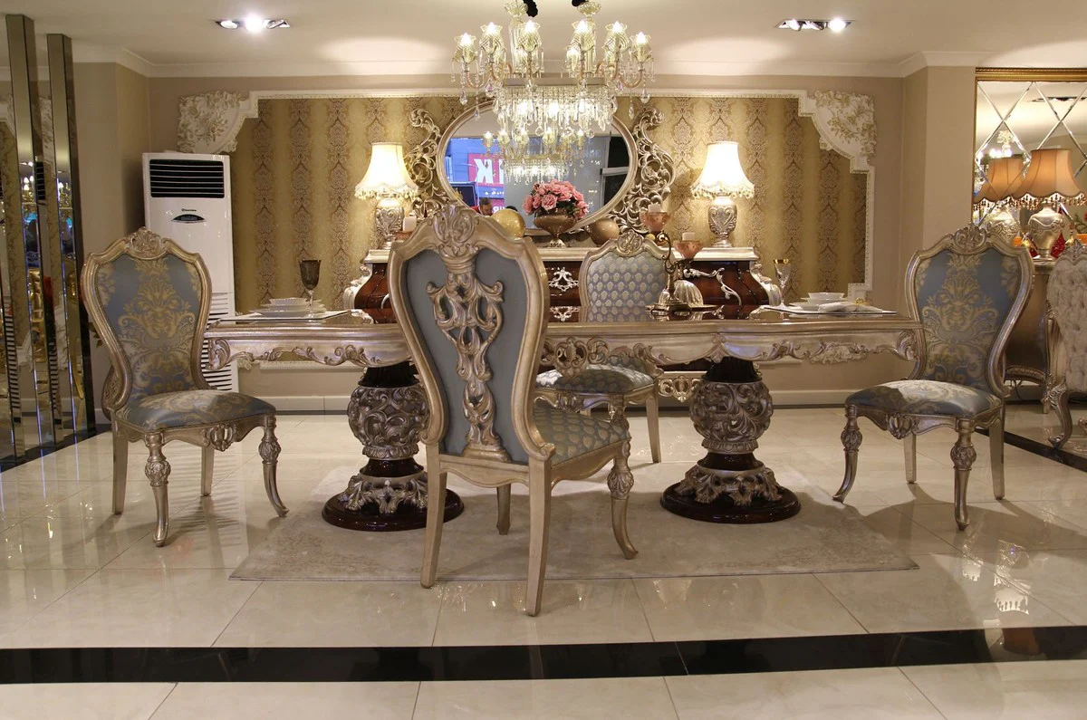 Luxury baroque dining table dark brown / silver - high-quality handmade solid wood dining room table in baroque style - baroque dining room furniture - noble and magnificent