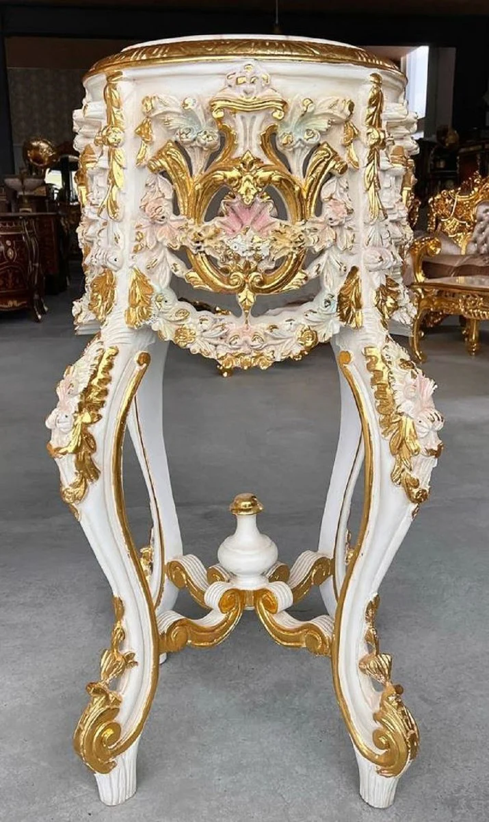 Baroque column with marble top white / pink / gold - magnificent antique style solid wood flower table - living room furniture in baroque style - antique style furniture - baroque furniture