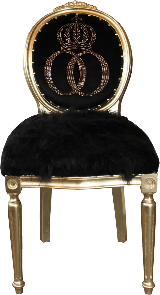 Pompöös by Luxury Baroque Dining Room Chair Faux Fur Black / Gold Crown with Glitter Stones - Pompöös Baroque Chair designed by Harald Glööckler