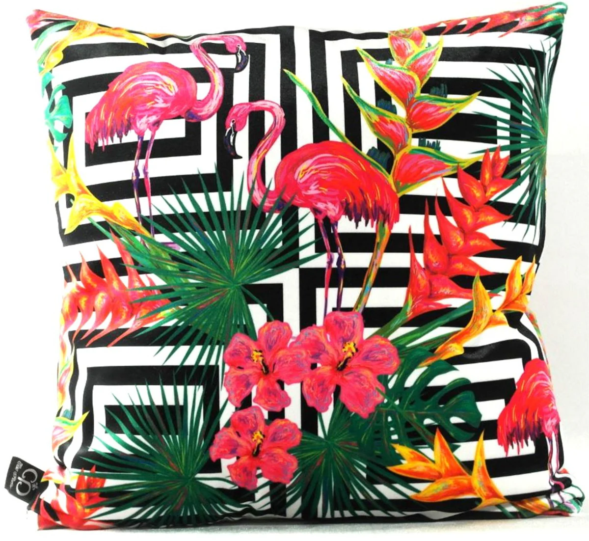 Luxus Kissen Miami Flamingos & Flowers Mehrfarbig 45 x 45 cm - Feinster Samtstoff - Deko Wohnzimmer Kissen