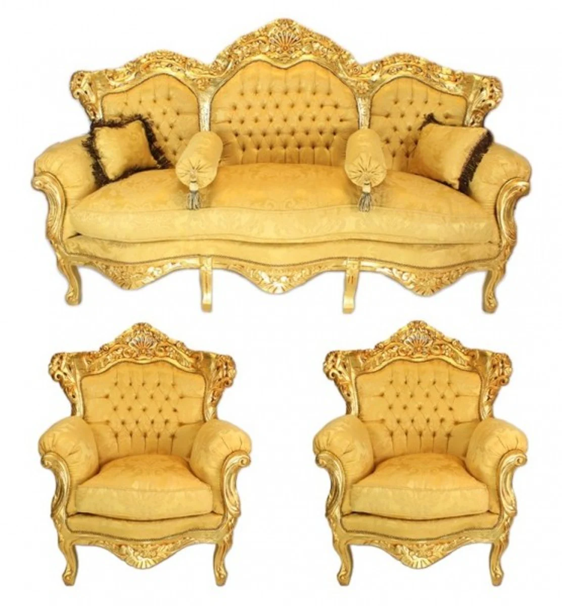 Barock Wohnzimmer Set Gold Bouquet Muster / Gold - 3er Sofa + 2 Sessel