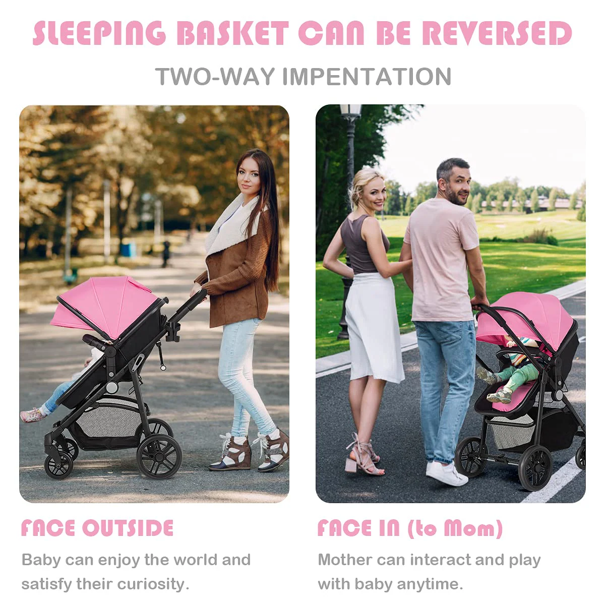 Kinderwagen, umwandelbarer Hochformat-Kinderwagen mit Stubenwagen, verstellbares Verdeck und Rückenlehne, Aufbewahrungskorb, Getränkehalter, faltbarer Kinderwagen für Neugeborene (Rosa)